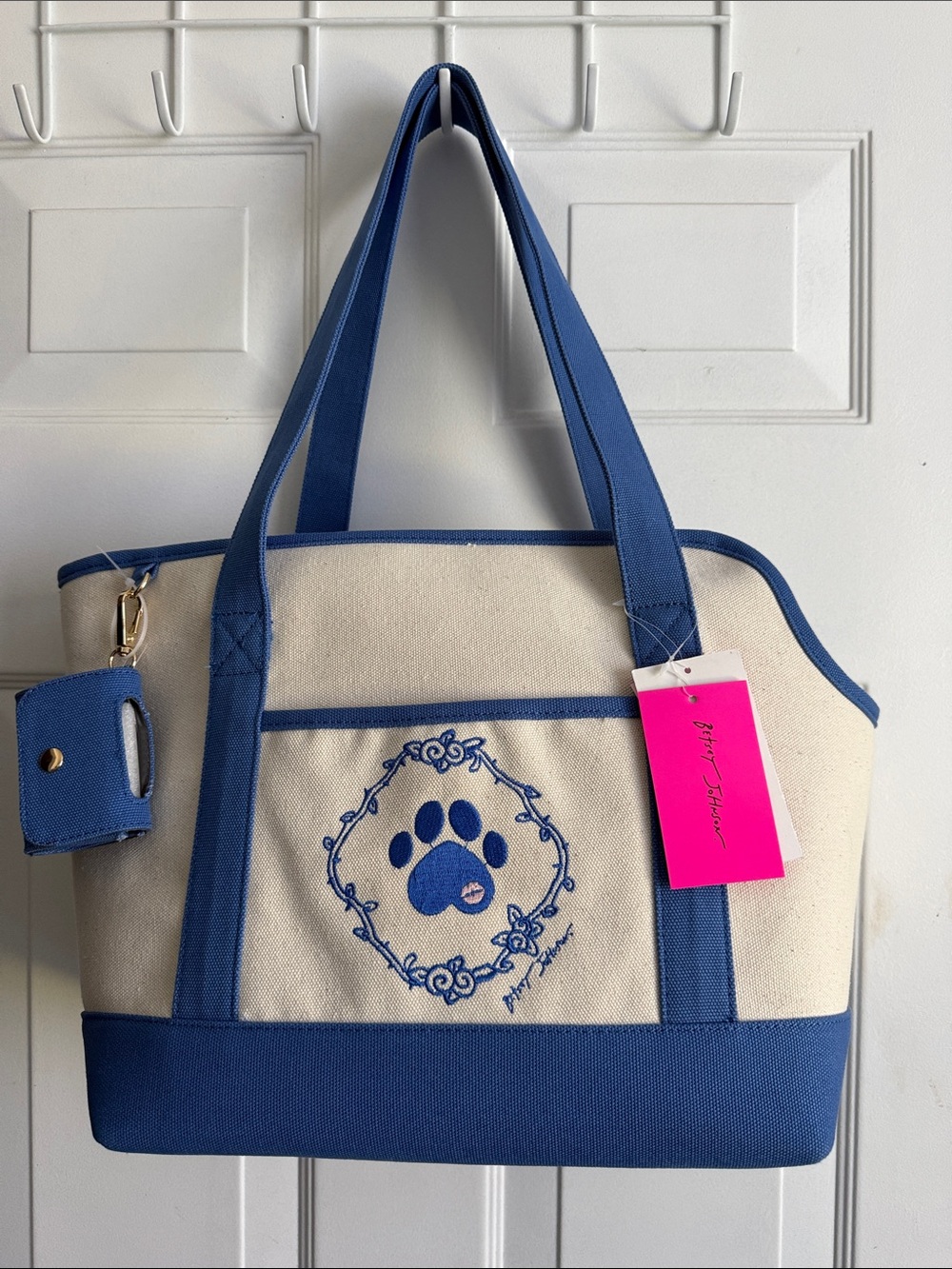 Betsey Johnson Hot Pink Tag Canvas Tote with Blue Trim